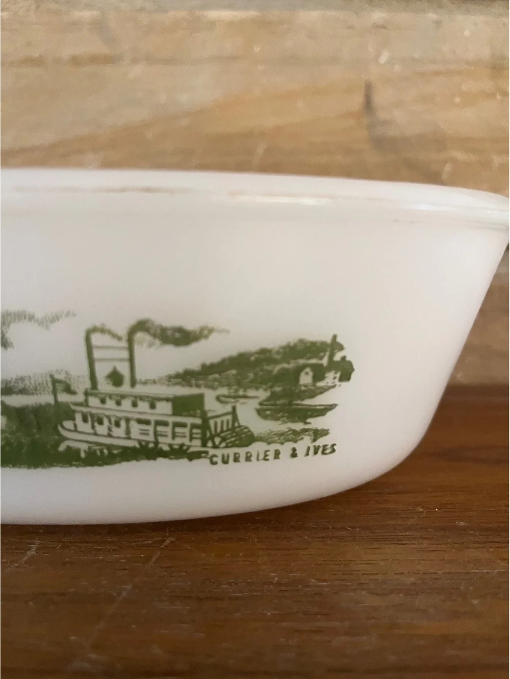 Vintage Currier & Ives Milk Glass Casserole Dish with Green Steamboat Design